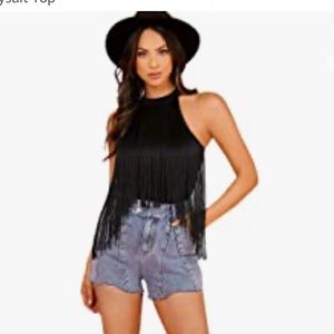 Women's Black Fringe Trim Sleeveless Bodycon Halter
Bodysuit Top